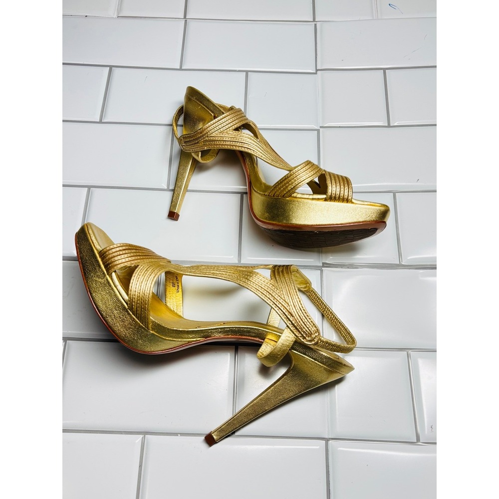 Diane von Furstenberg Luna Gold Metallic Strappy Platform Stiletto Sandals  9M - Picture 3 of 12